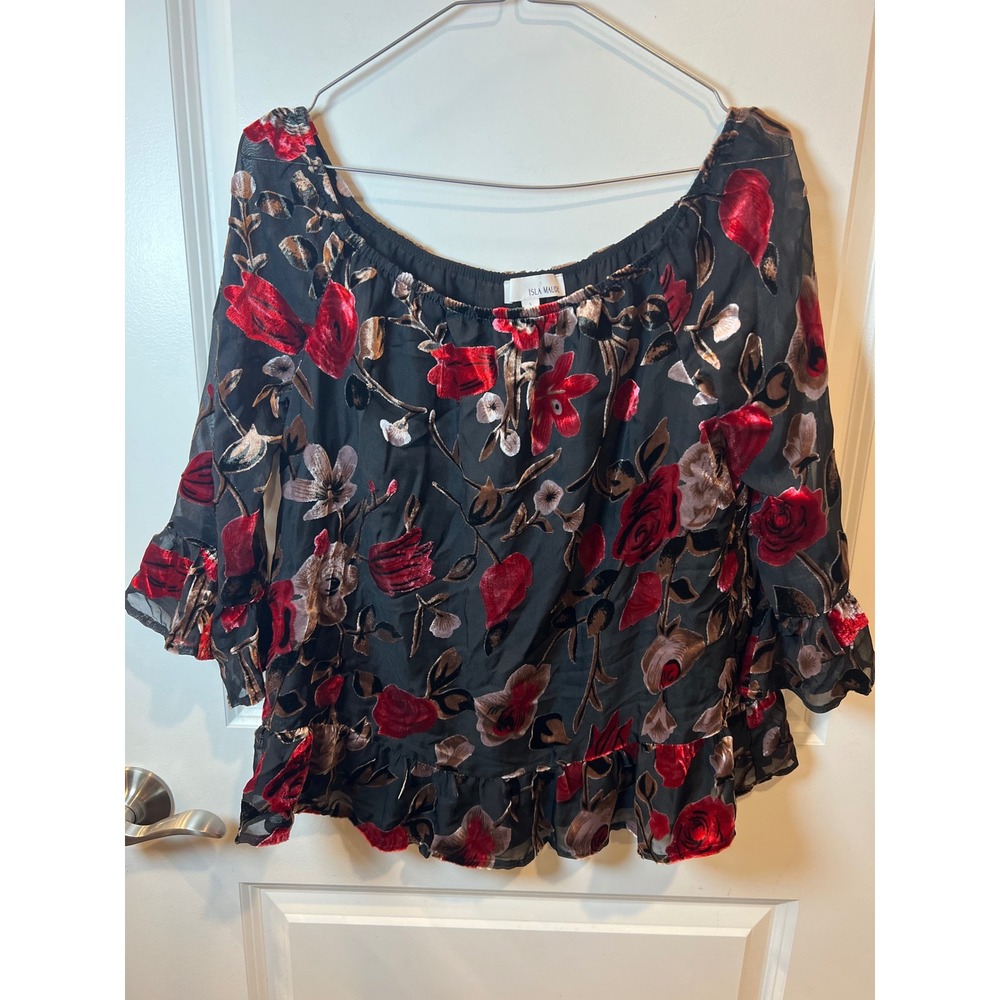 Isla Maude Womens Blouse Velvet Burnout Floral Black Red Size S